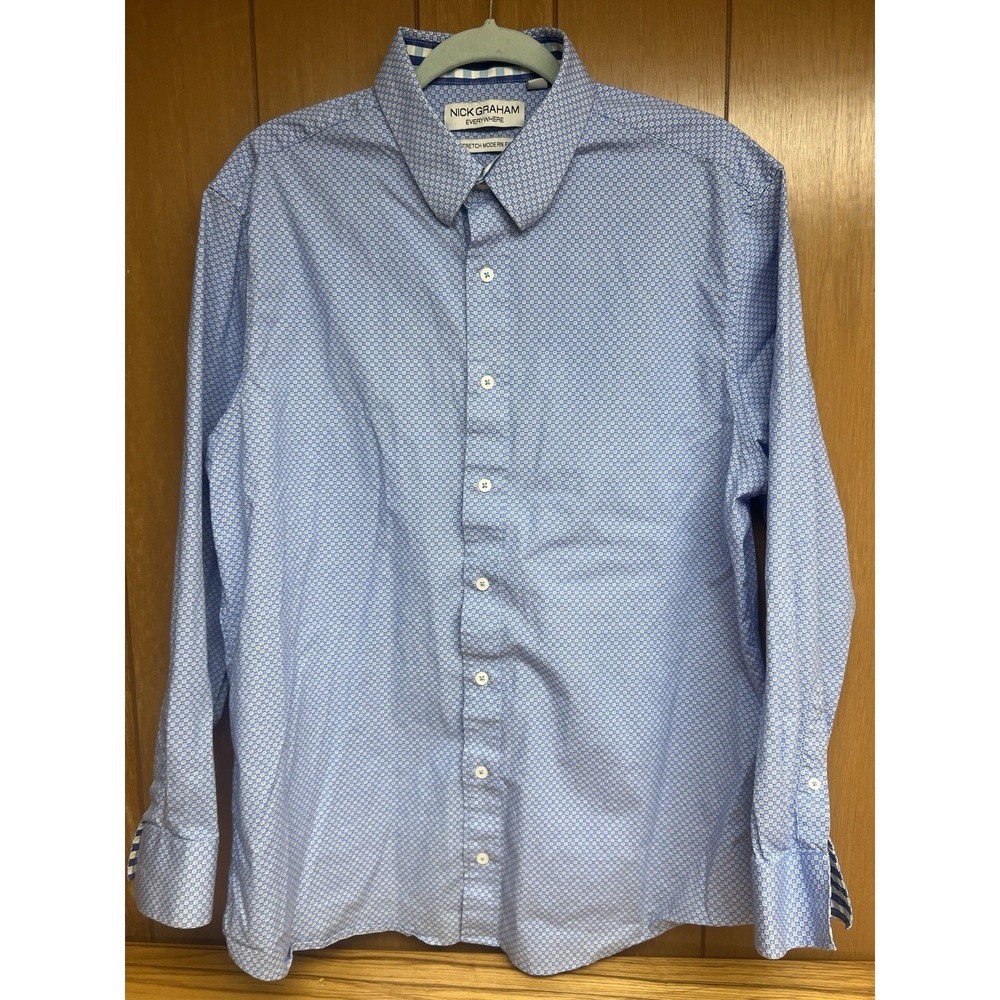 Nick Graham Mens XL Blue Geometric Stretch Modern Fit Long Sleeve Dress Shirt